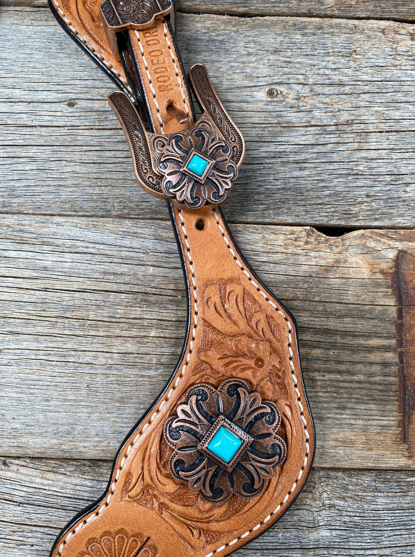 Light Floral Spur Straps - Copper Fleur-De-Lis Western Conchos #SS114