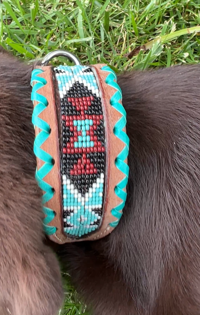 Genuine leather dog collar with teal, white, and burgundy beaded inlay design, a rawhide wrapped edge