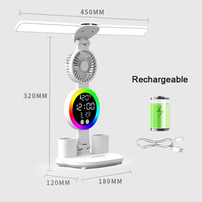 Rechargeable Or C-Type Plug In LED Table Lamp with Fan, Clock Display, and Adjustable Reading Light for Study and Night Use