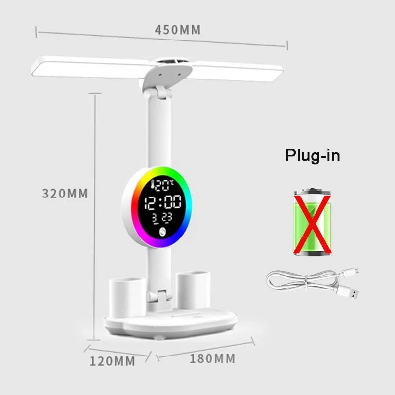 Rechargeable Or C-Type Plug In LED Table Lamp with Fan, Clock Display, and Adjustable Reading Light for Study and Night Use