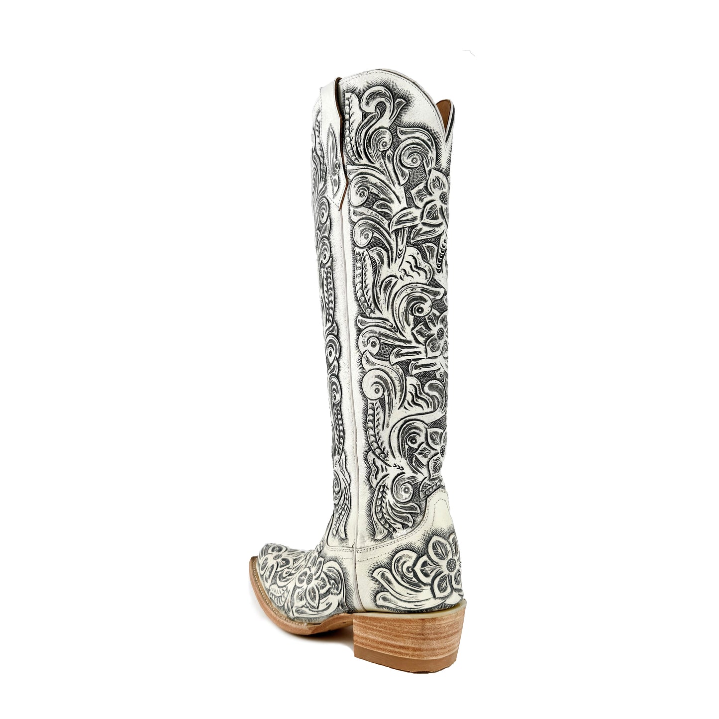 Women’s Hand-Tooled White Tall Cowboy Boots