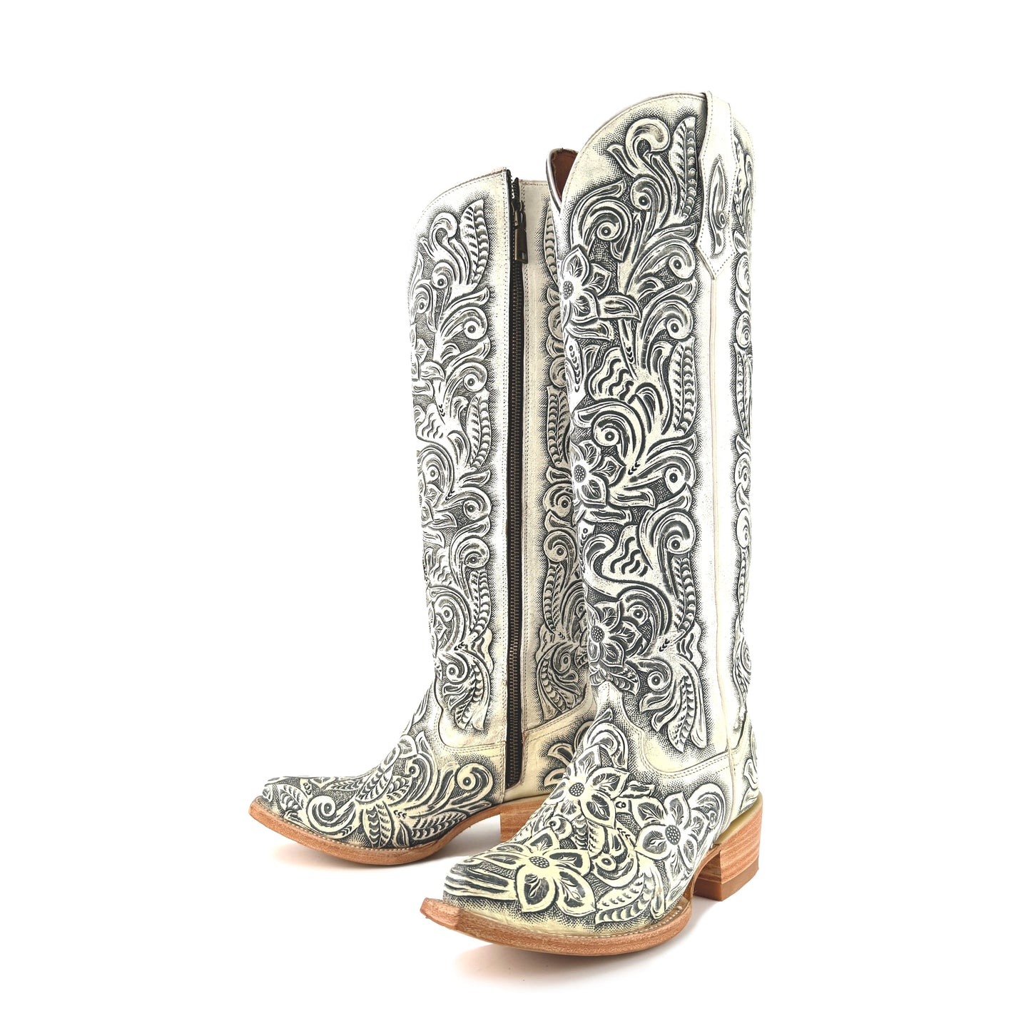 Women’s Hand-Tooled White Tall Cowboy Boots