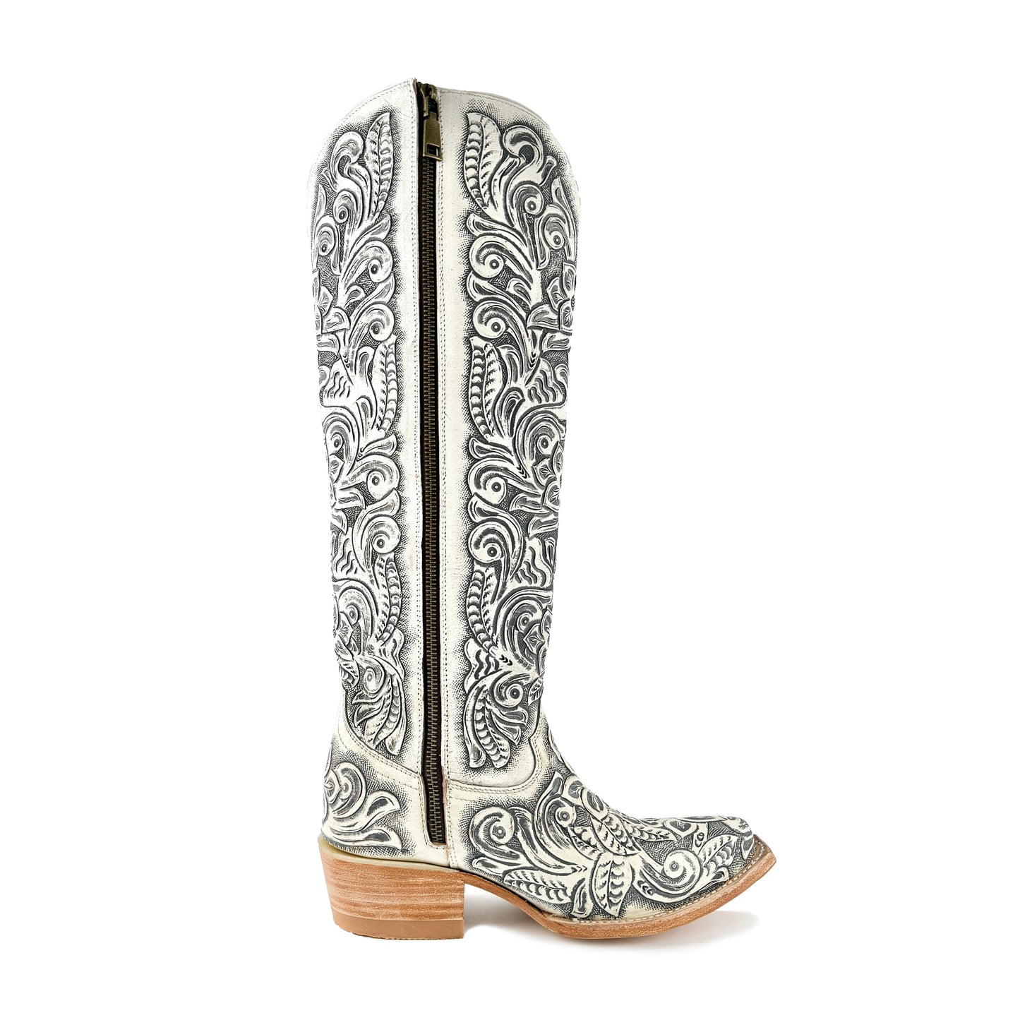 Women’s Hand-Tooled White Tall Cowboy Boots