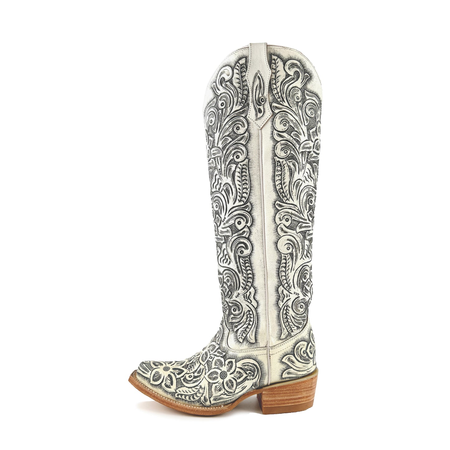 Women’s Hand-Tooled White Tall Cowboy Boots
