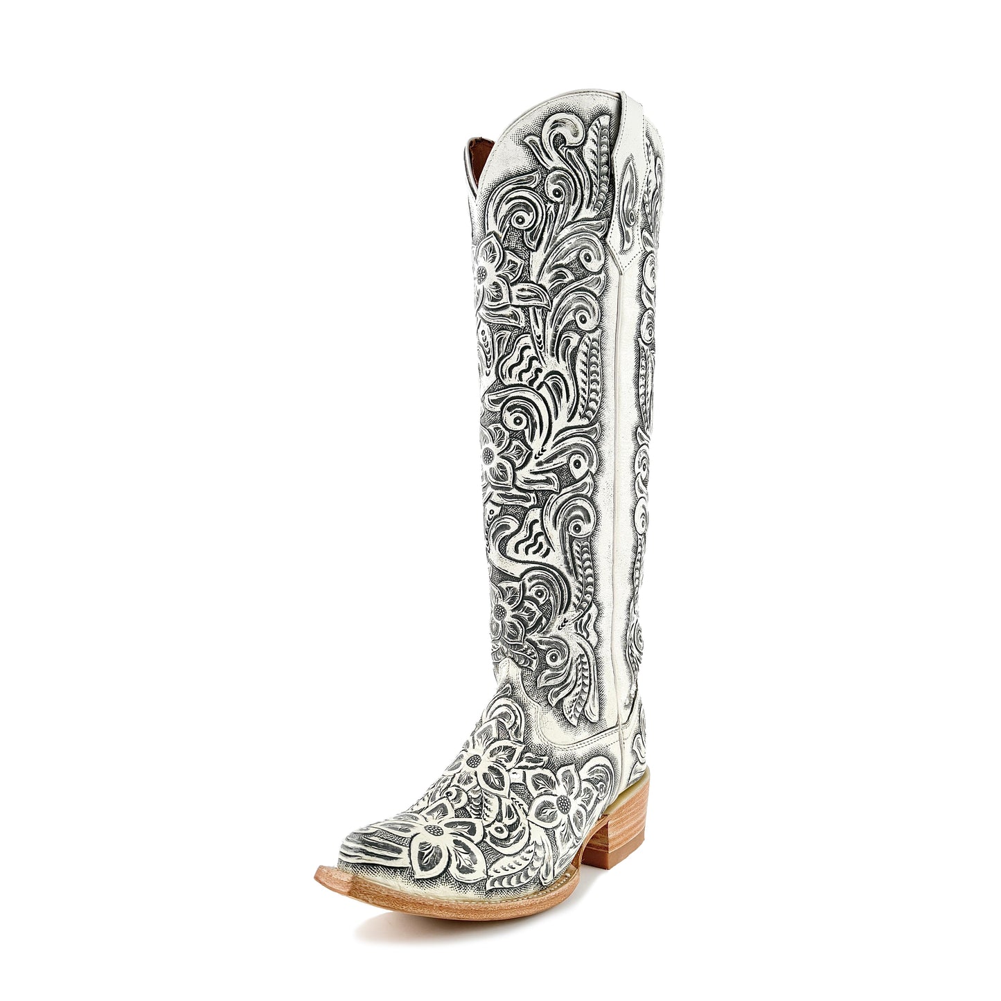 Women’s Hand-Tooled White Tall Cowboy Boots