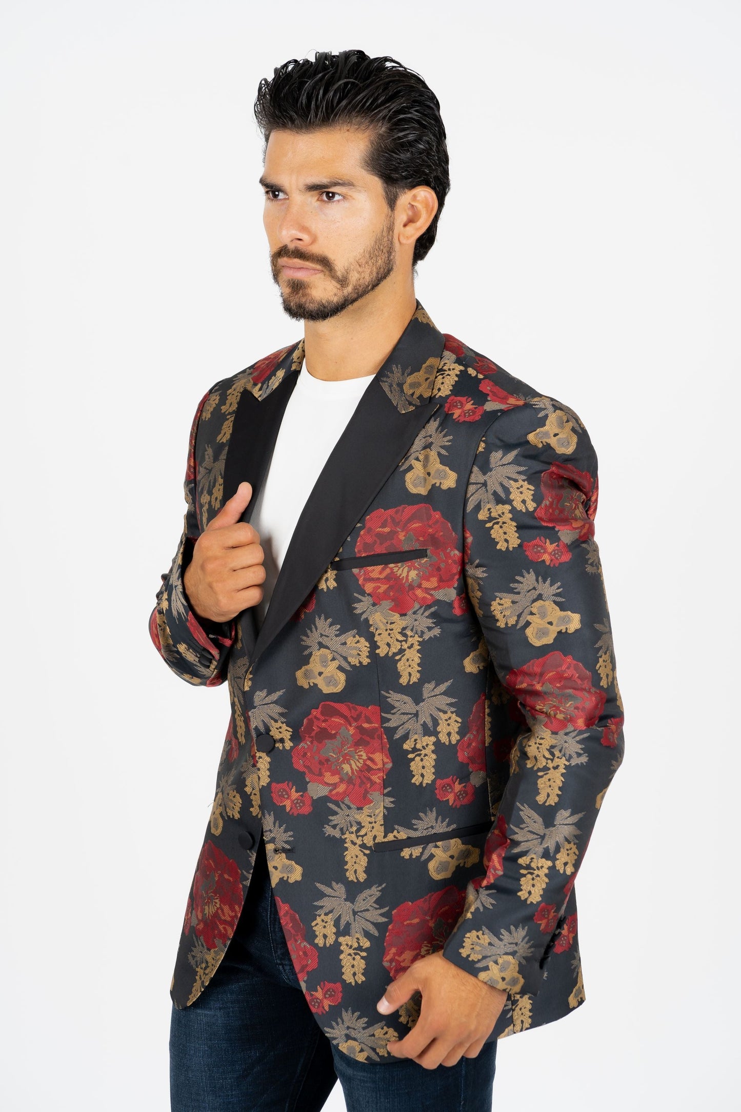 Men's Double Button Dark Blue Woven Printed Blazer
