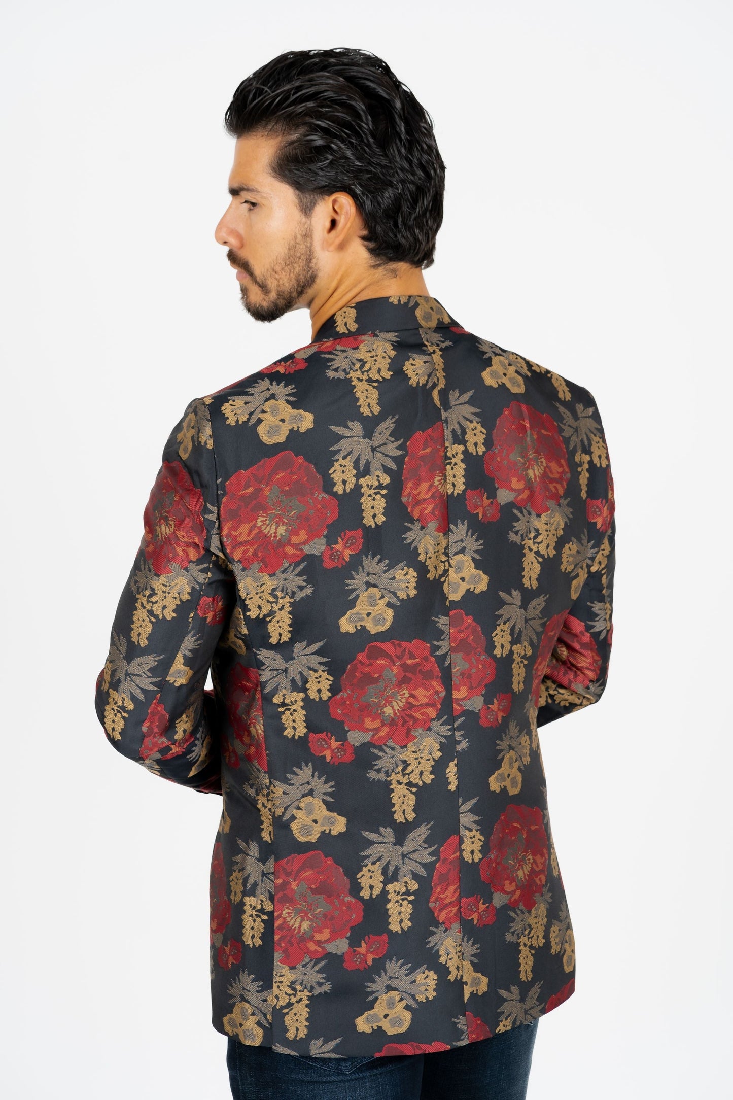 Men's Double Button Dark Blue Woven Printed Blazer