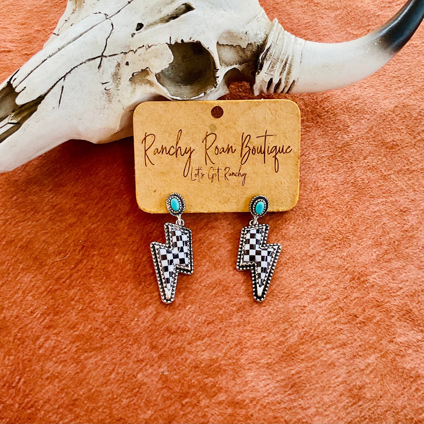 Western Lightning Bolt Checker Earrings with Turquoise Accent
