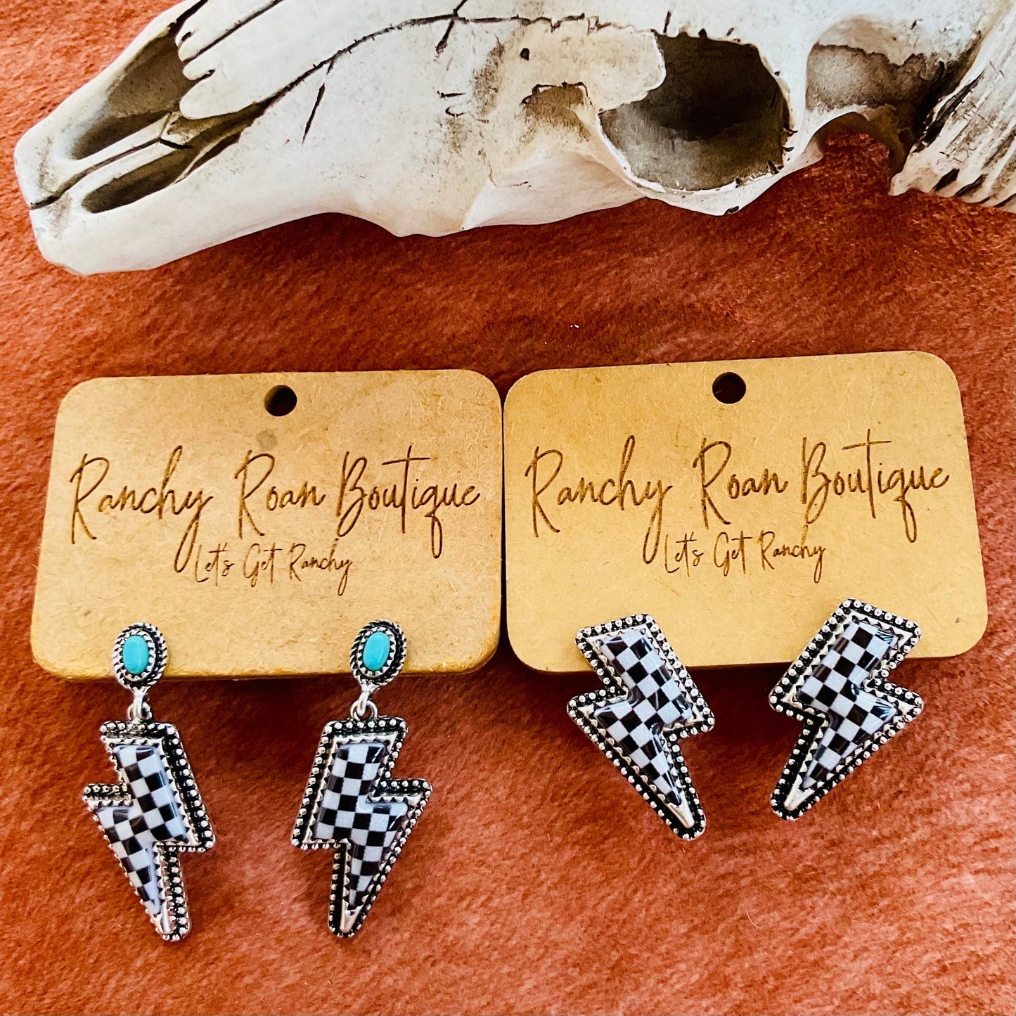 Western Lightning Bolt Checker Earrings with Turquoise Accent