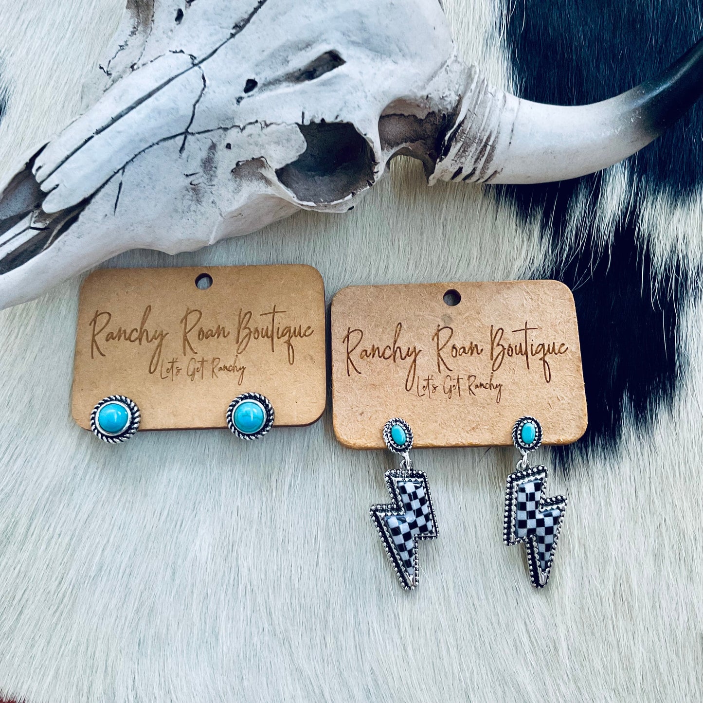 Western Lightning Bolt Checker Earrings with Turquoise Accent