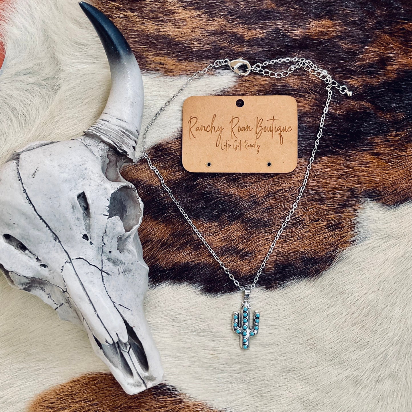 Turquoise Cactus Pendant Chain Western Necklace
