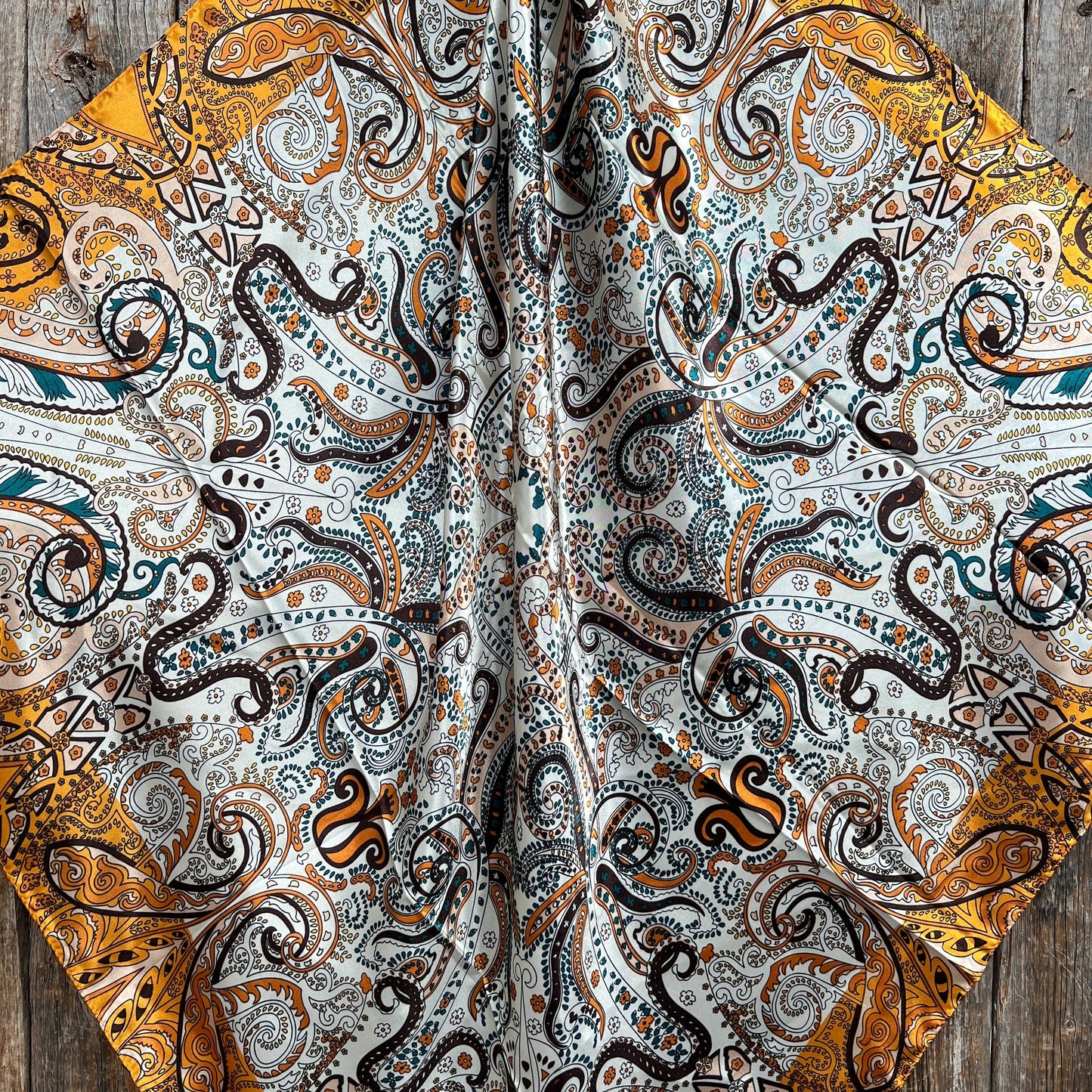 35X35" Golden, Green and Brown Paisley Wild Rag / Scarf -Copper Clear Slide WRC1003B