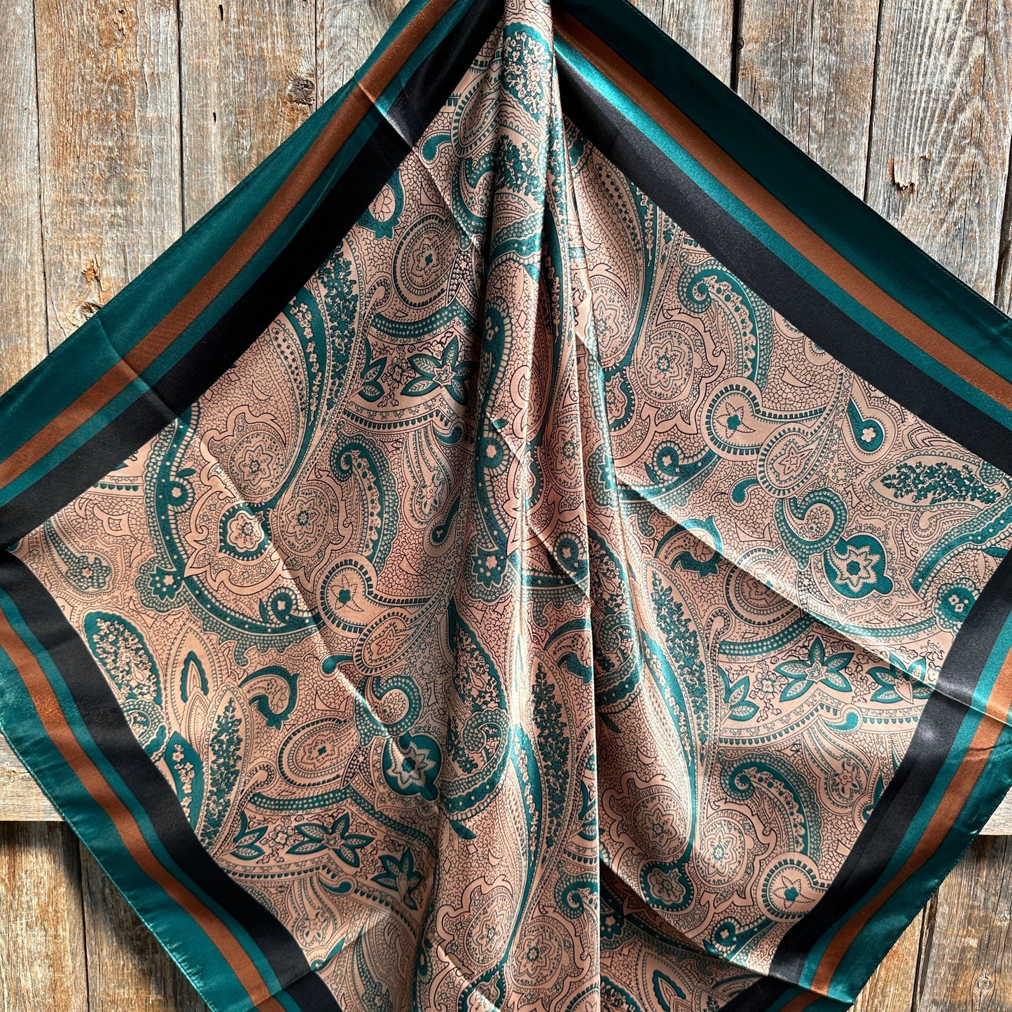 35X35" Emerald and Tan Paisley Wild Rag / Scarf -W132L Slide WRC1004B