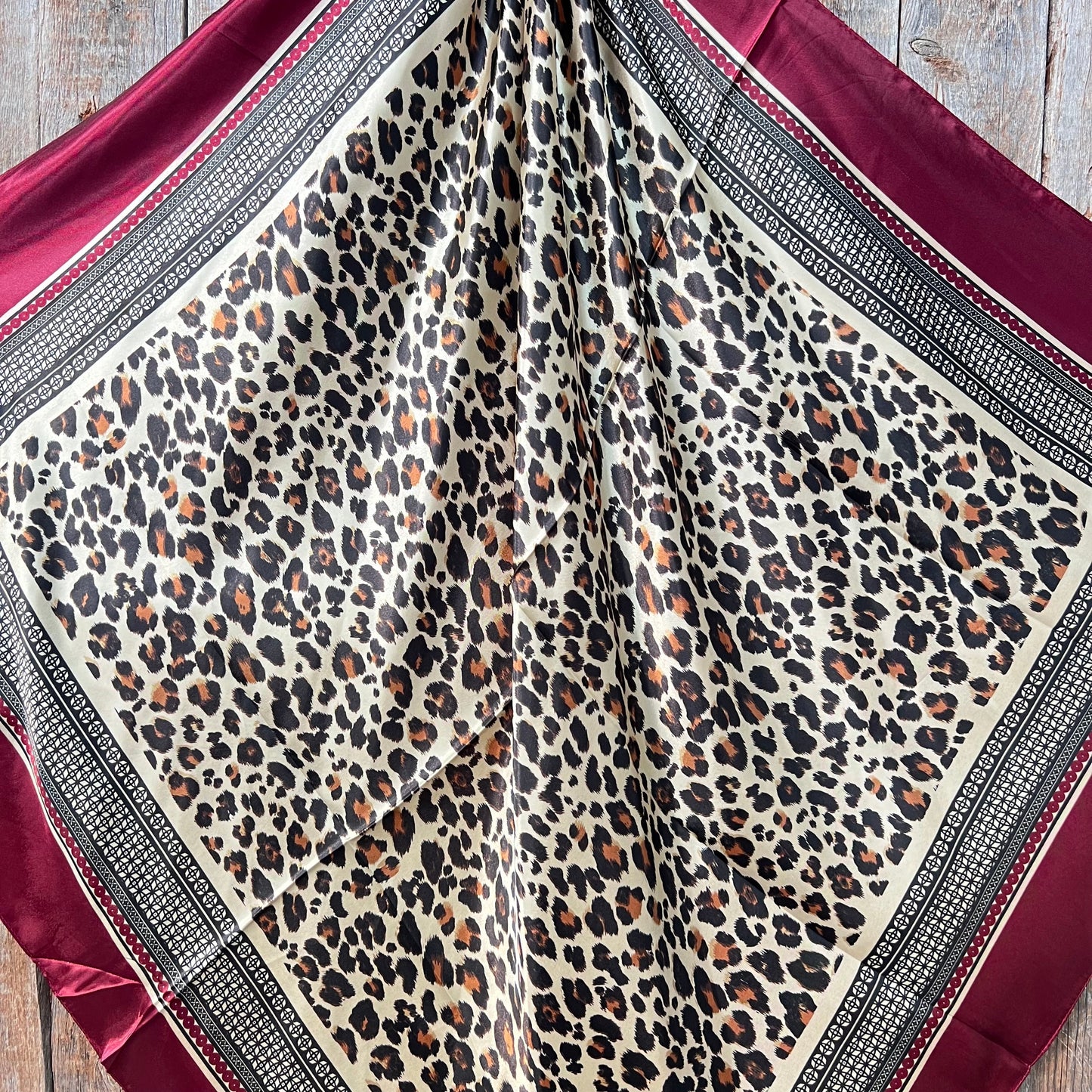 35X35" Wine Leopard Wild Rag / Scarf WRC397A -Copper Amethyst, Aqua & Clear Slide