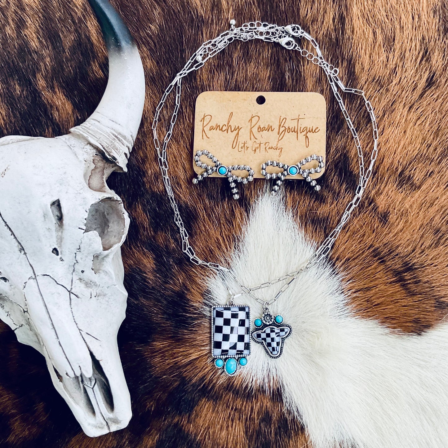 Western Rectangular Checker Turquoise Necklace