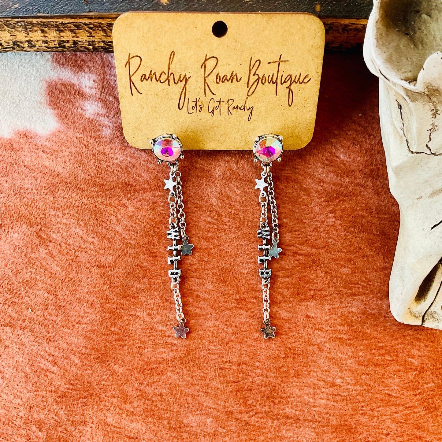 Western Wild Typography Stud Earrings with Star Drop