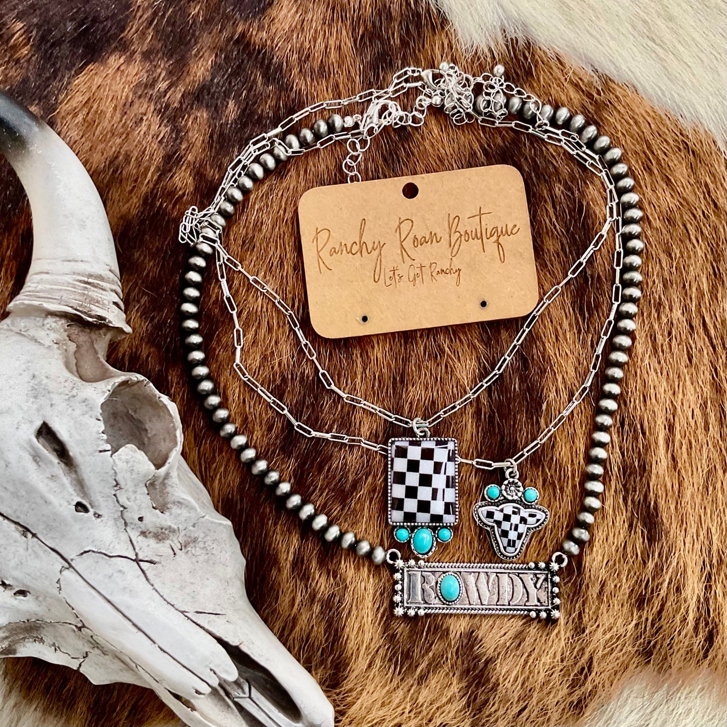Western Rectangular Checker Turquoise Necklace