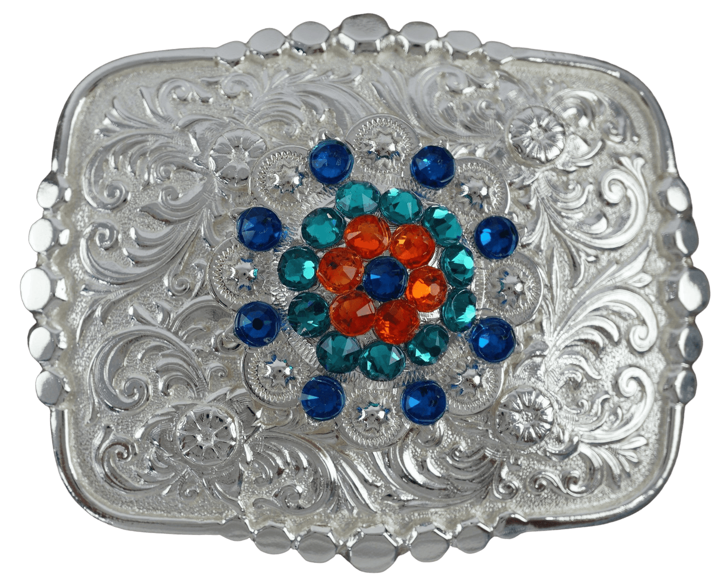 Bright Silver Belt Buckle with Capri, Fire Opal & Teal European Crystal Concho