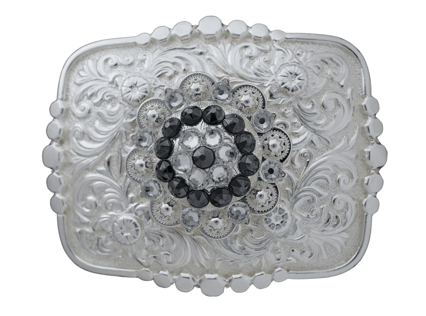 Bright Silver Belt Buckle with Jet & Clear European Crystal Concho