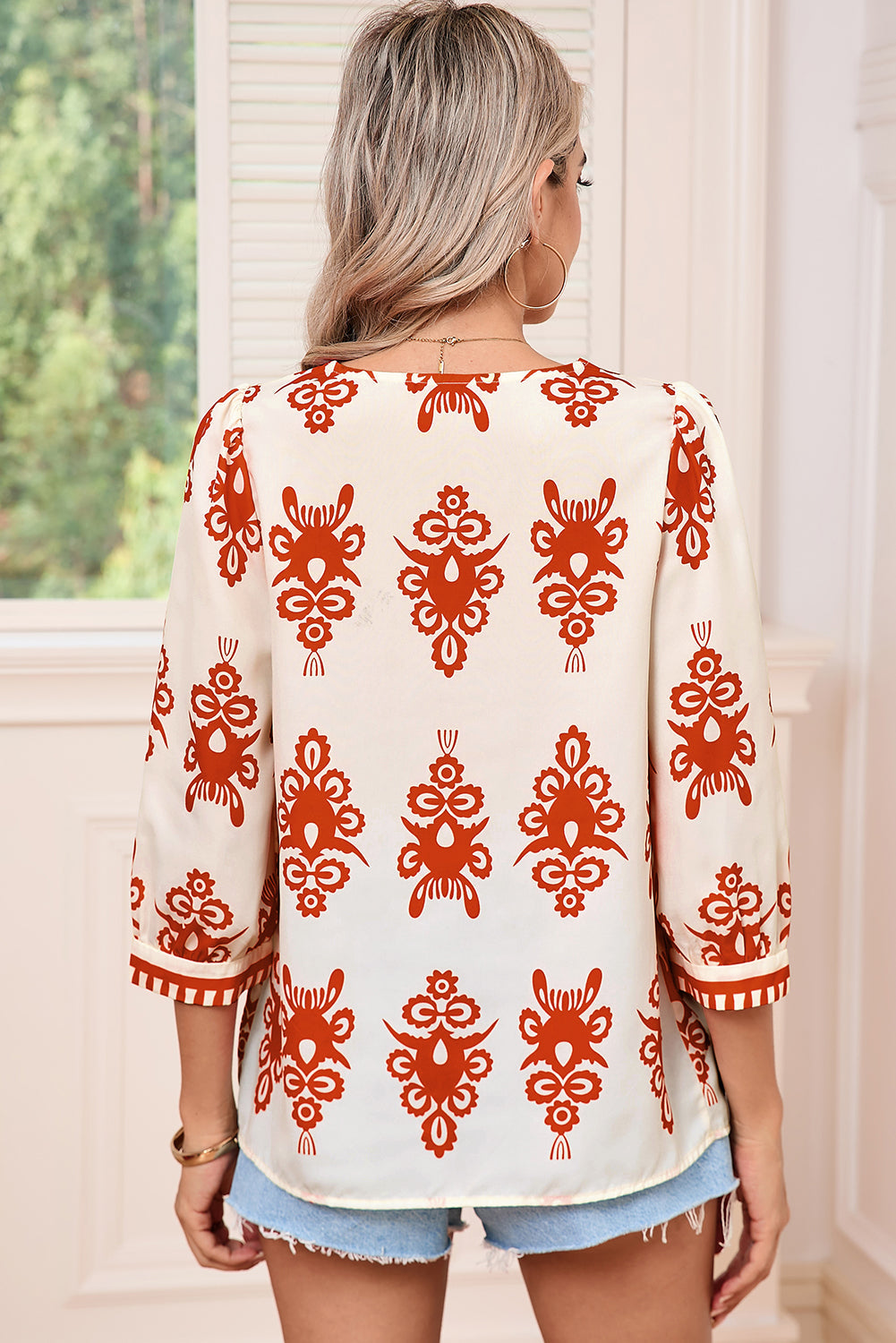 Boho Beige and Orange Print Puff Sleeve Blouse