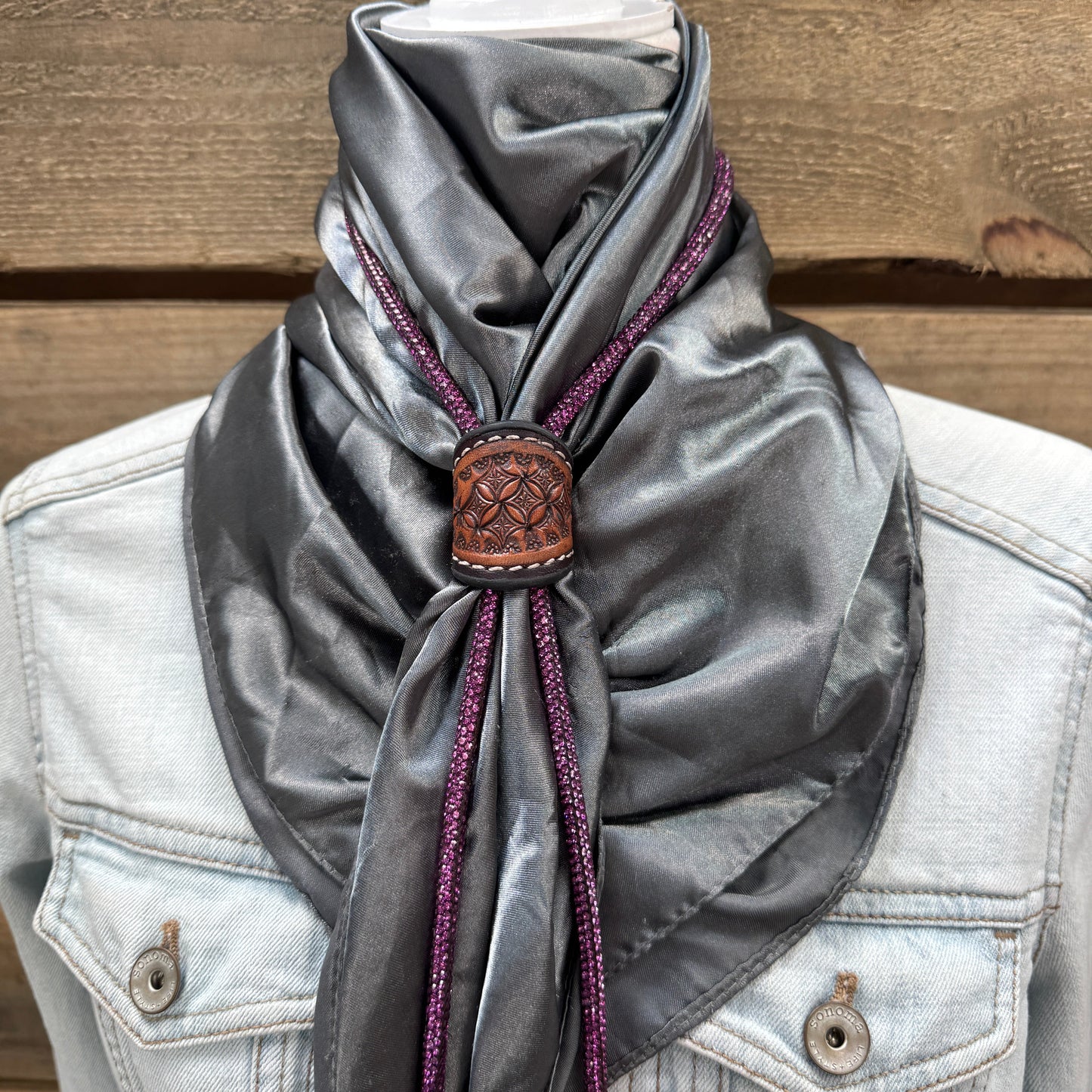 35X35" Solid Silver / Grey Wild Rag / Scarf - Leather Slide and Bolo Tie