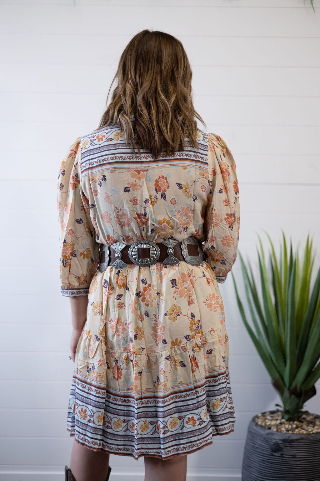 Umgee "Boho" A-Line Western Dress — Prairie Floral Print with 3/4 Balloon Sleeves & Button Placket