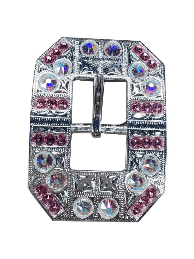 Pink & AB Bright Silver European Crystal Square Cart Buckle