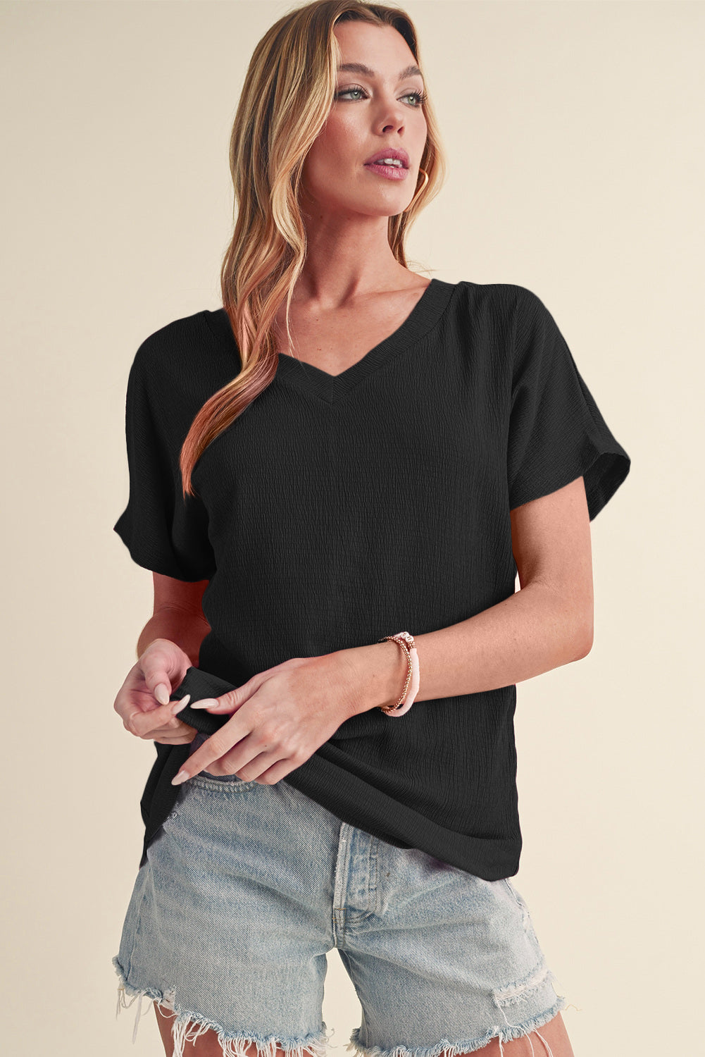 Crinkled V Neck Tee