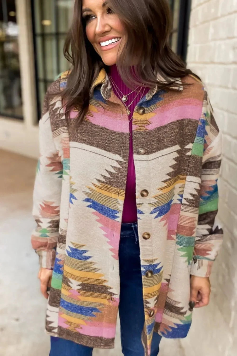 Cheri Geometric Button Up Long Sleeve Jacket
