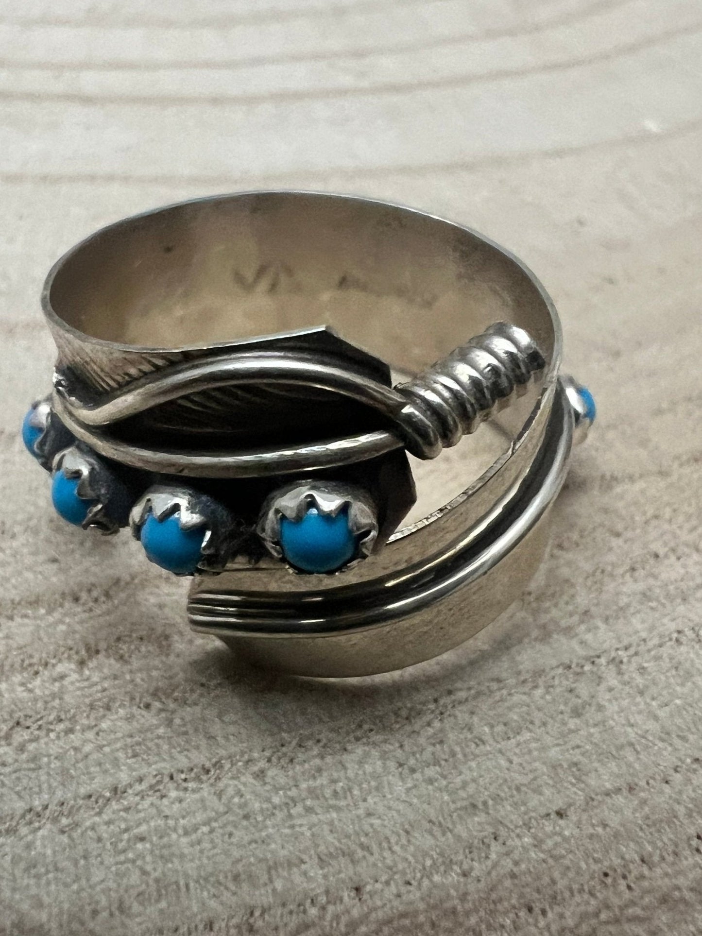 Chester Charley Navajo Kingman Turquoise Feather Adjustable Ring — Sterling Silver