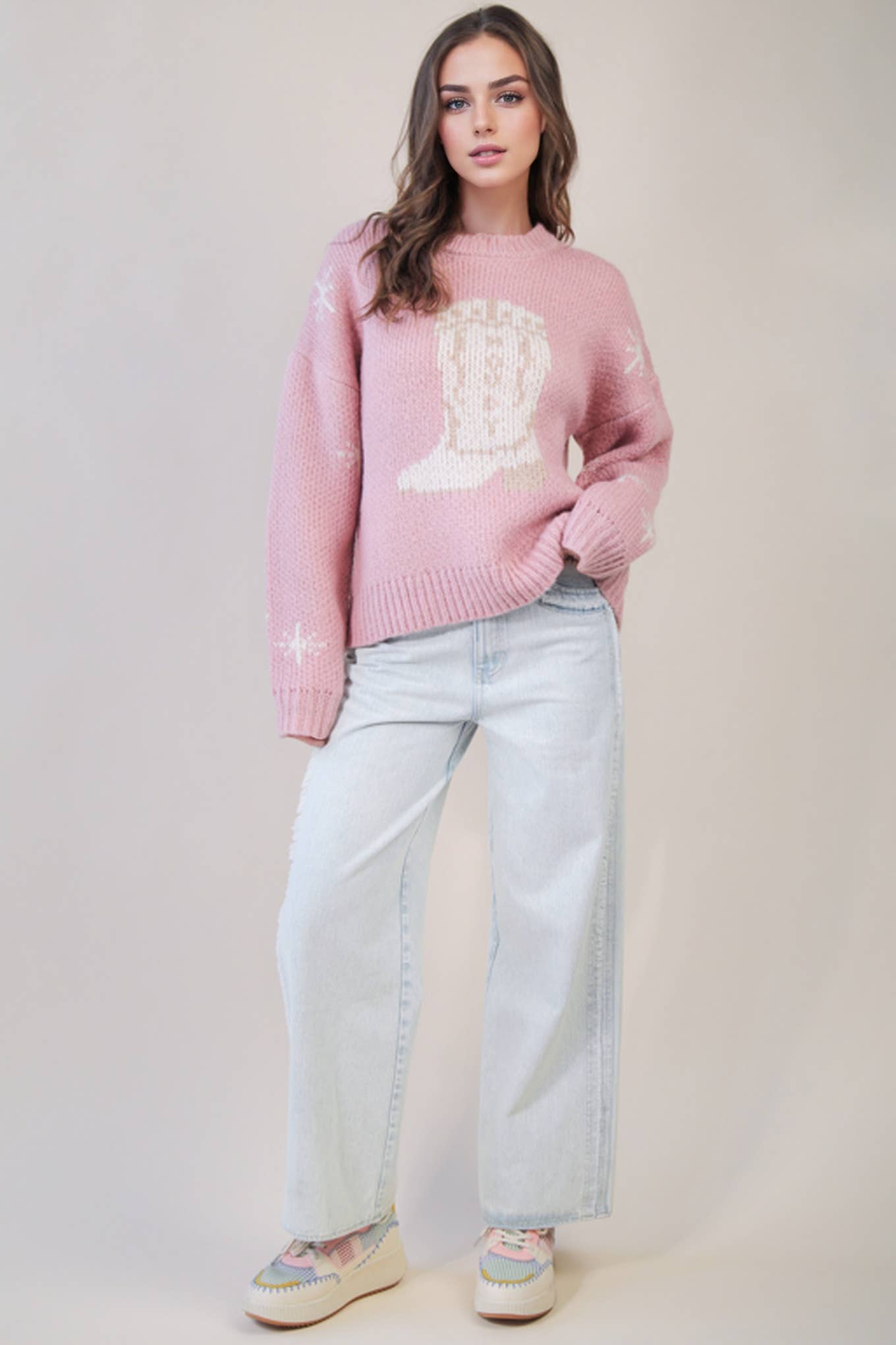 VERY J "Cowboy Boots" Western Graphic Knit Sweater — Oversized Drop Shoulder Layering Piece (large remaining)