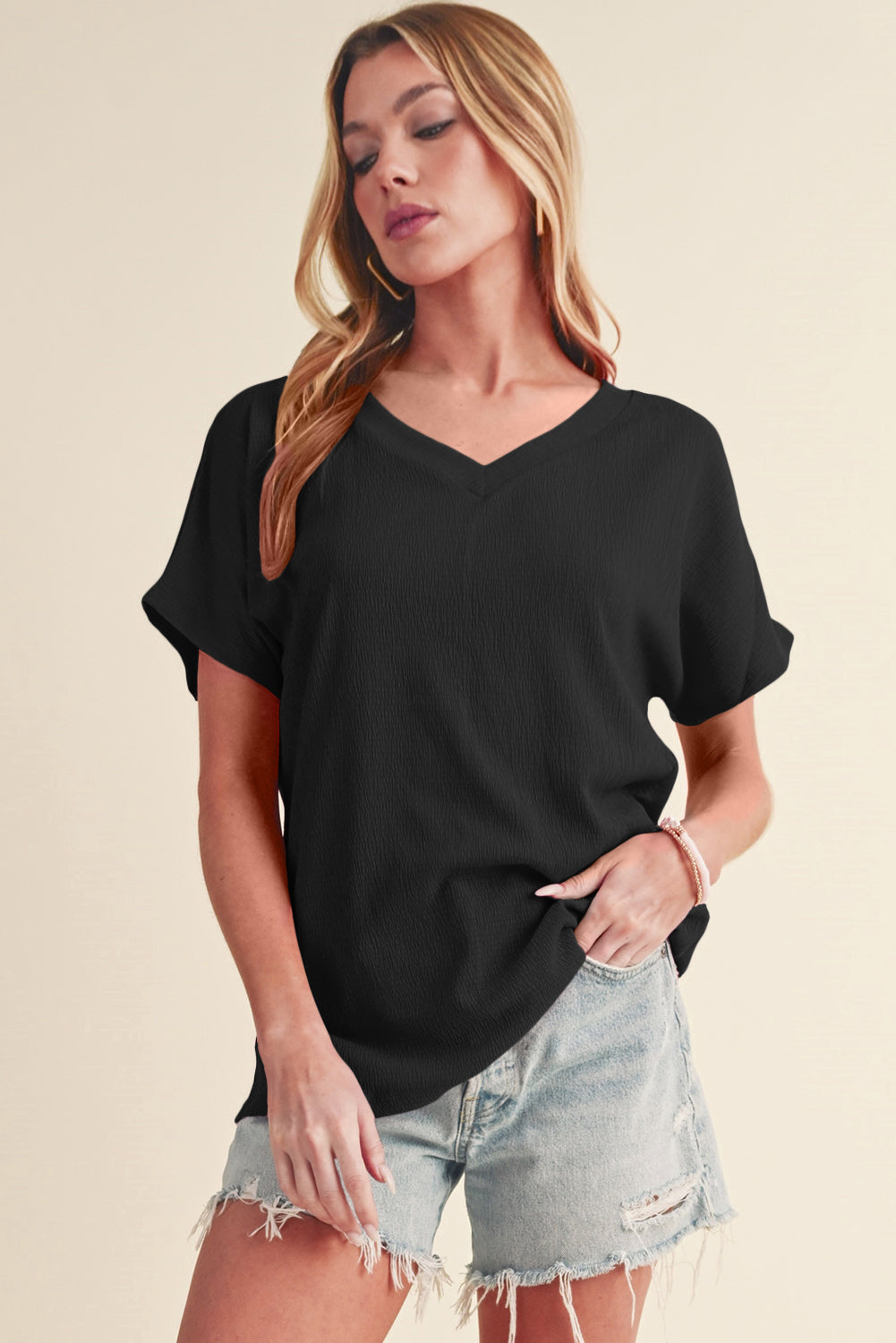 Crinkled V Neck Tee
