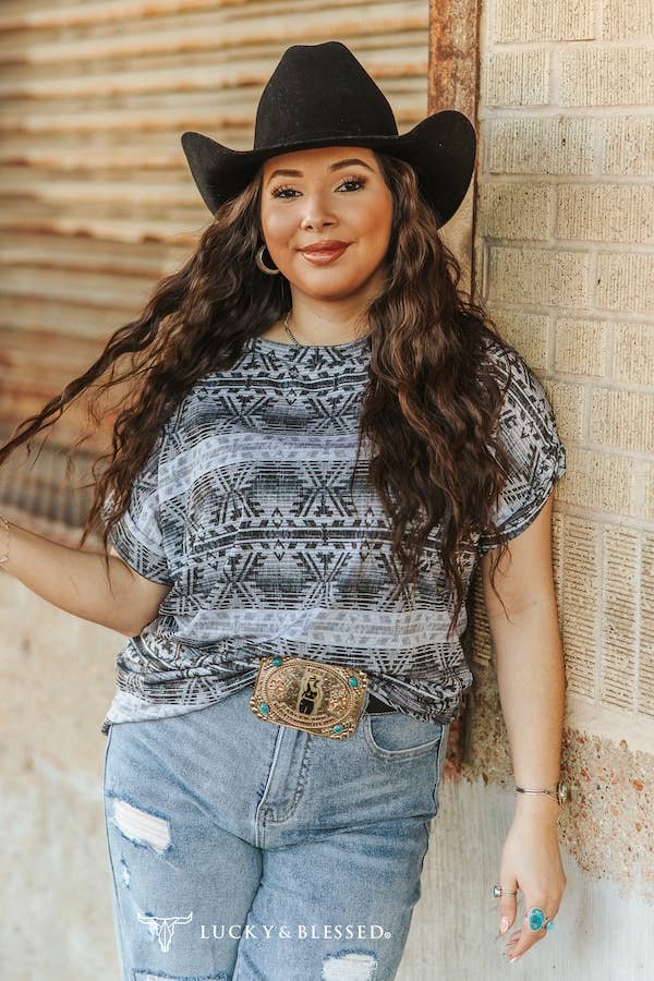 Distressed Black Aztec Cuffled Rolled Short Sleeve Top - medium remaining