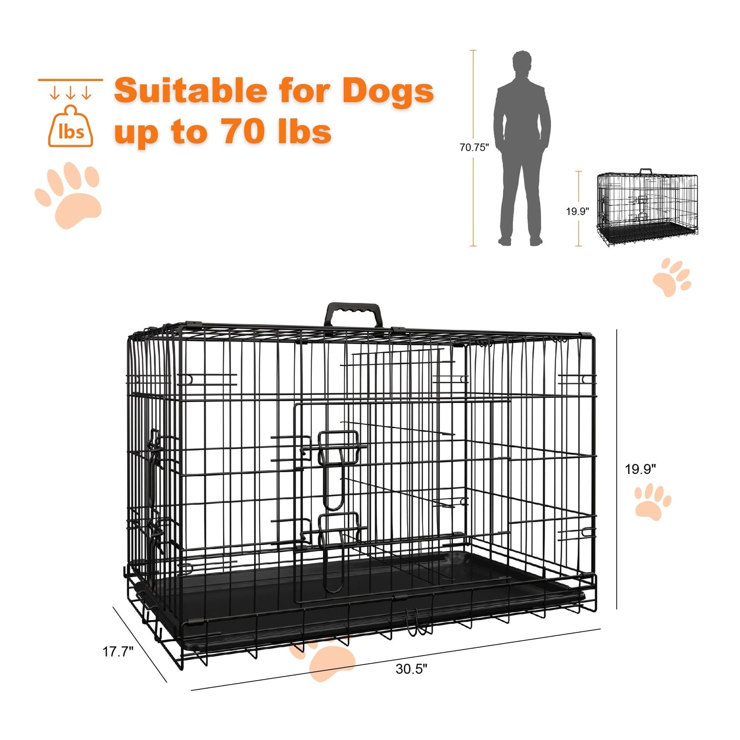 Heavy Duty 30 Inch Medium Dog Cage with Divider and Plastic Leak-Proof Pan Tray, Double Door Folding Metal Wire Cage for Indoor, Outdoor, and Travel, Made in Vietnam