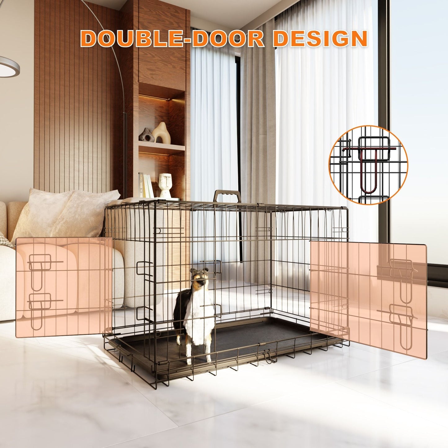 Heavy Duty 30 Inch Medium Dog Cage with Divider and Plastic Leak-Proof Pan Tray, Double Door Folding Metal Wire Cage for Indoor, Outdoor, and Travel, Made in Vietnam
