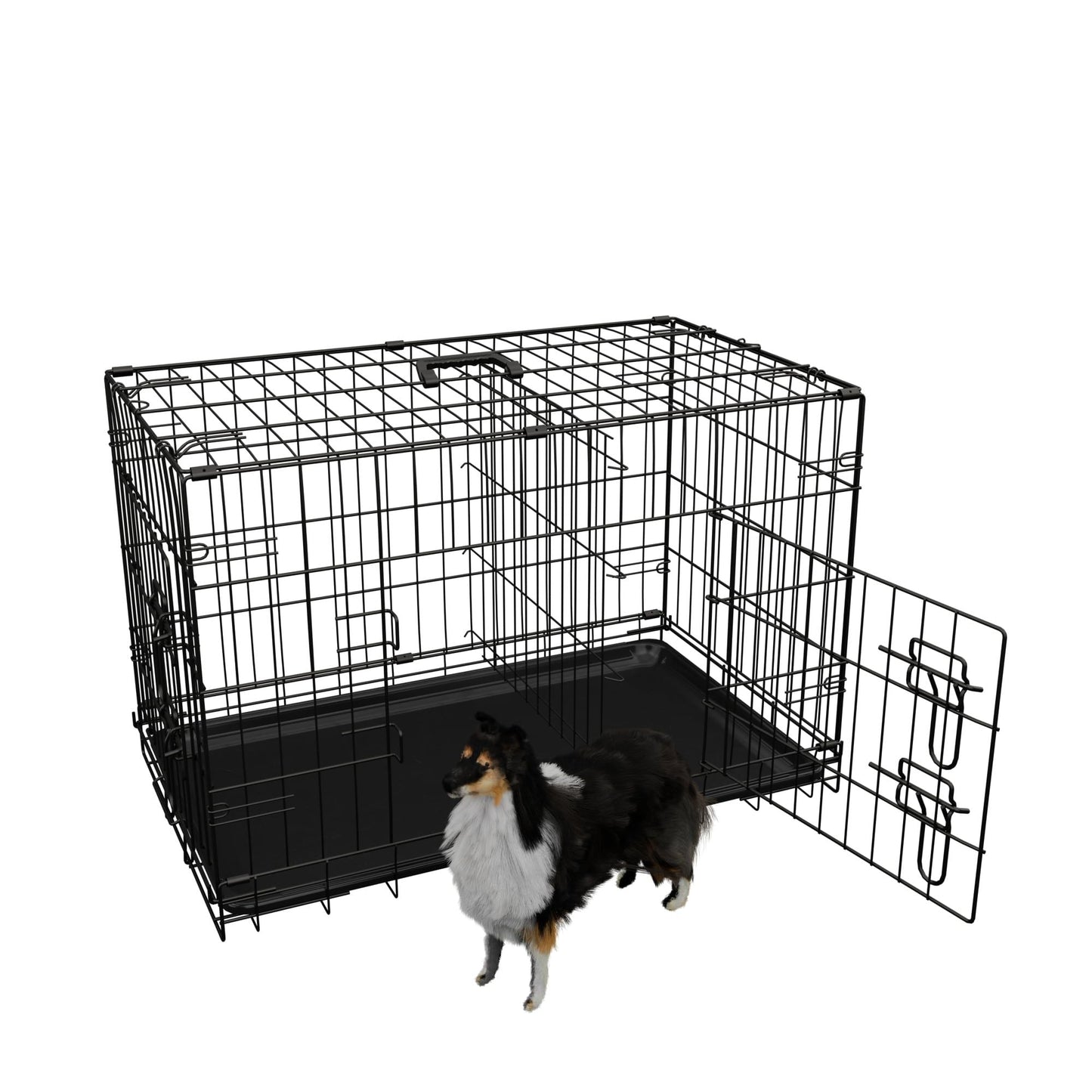 Heavy Duty 30 Inch Medium Dog Cage with Divider and Plastic Leak-Proof Pan Tray, Double Door Folding Metal Wire Cage for Indoor, Outdoor, and Travel, Made in Vietnam