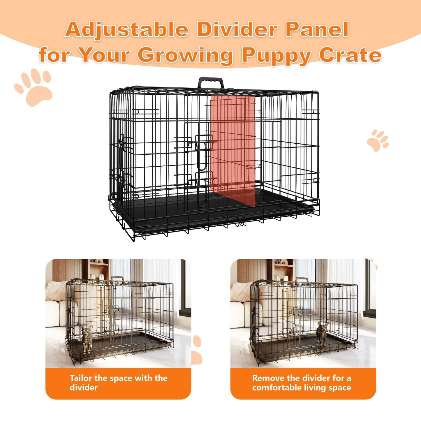 Heavy Duty 30 Inch Medium Dog Cage with Divider and Plastic Leak-Proof Pan Tray, Double Door Folding Metal Wire Cage for Indoor, Outdoor, and Travel, Made in Vietnam