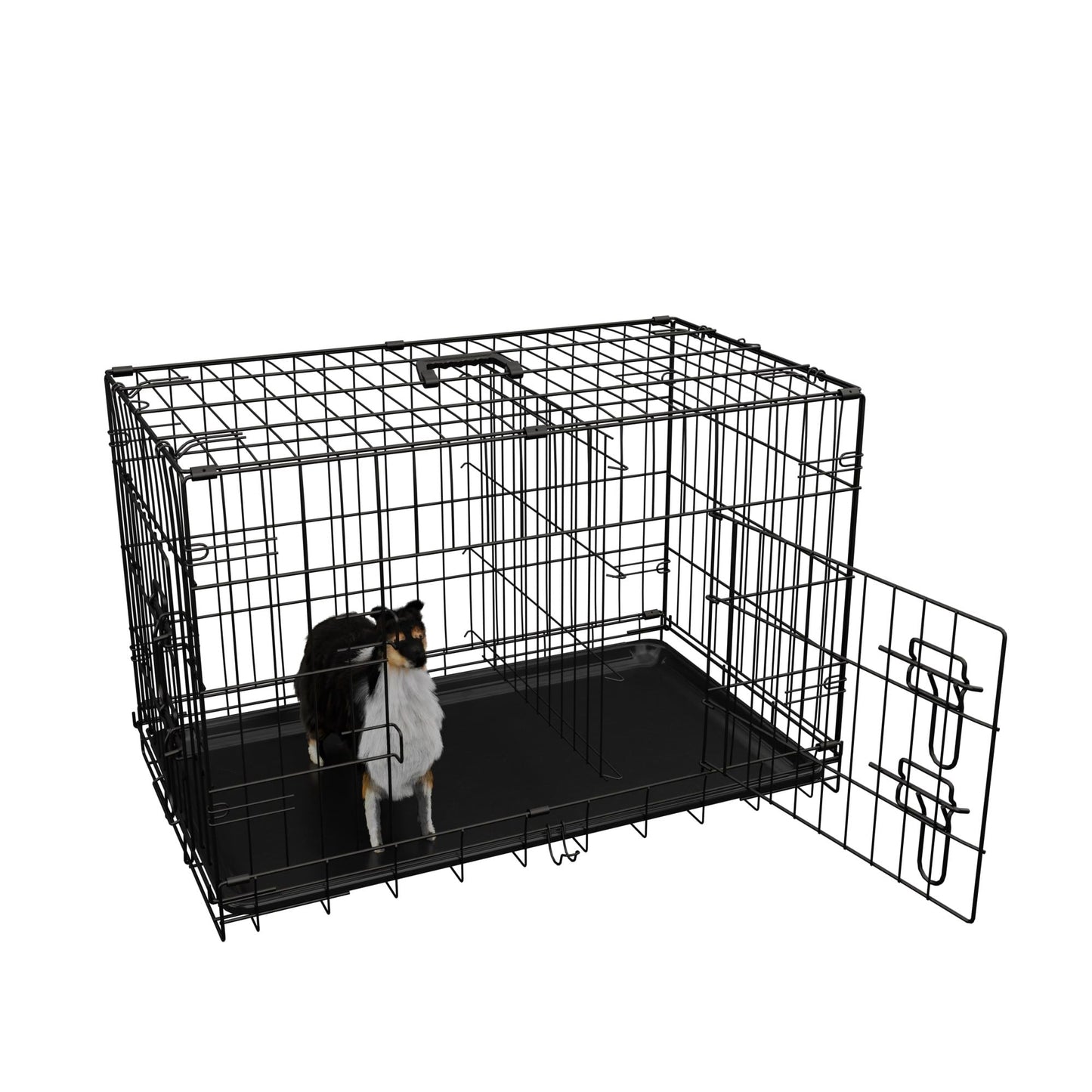 Heavy Duty 30 Inch Medium Dog Cage with Divider and Plastic Leak-Proof Pan Tray, Double Door Folding Metal Wire Cage for Indoor, Outdoor, and Travel, Made in Vietnam