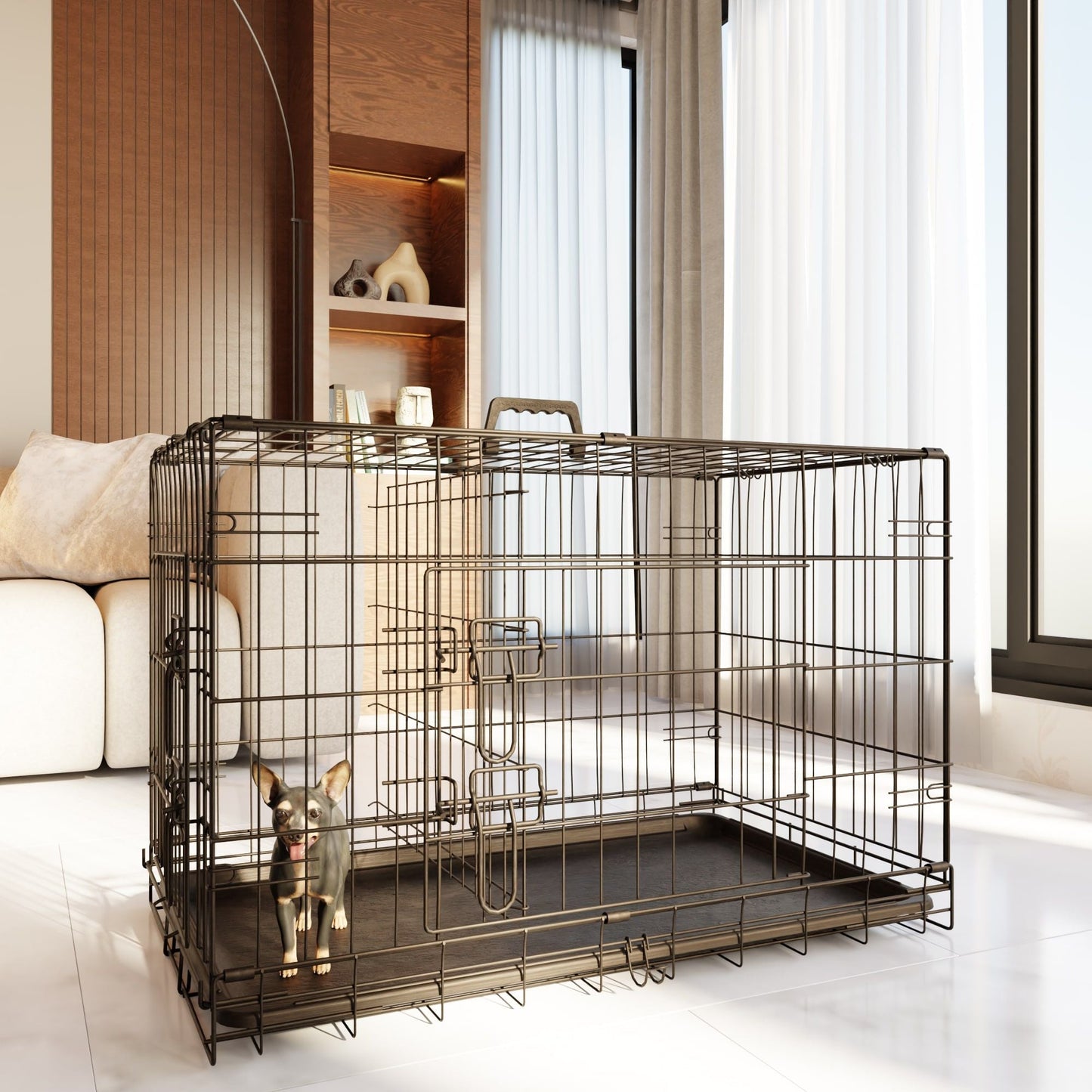 Heavy Duty 30 Inch Medium Dog Cage with Divider and Plastic Leak-Proof Pan Tray, Double Door Folding Metal Wire Cage for Indoor, Outdoor, and Travel, Made in Vietnam