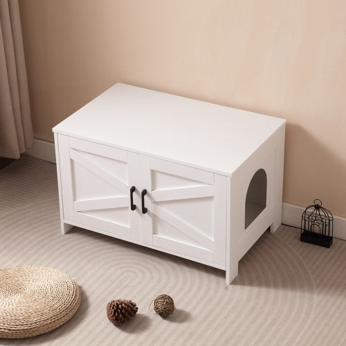 Hidden Litter Box Furniture With Barn Door, Wooden Cat Washroom Furniture, Cat House, End Table, Fit Most Of Litter Box