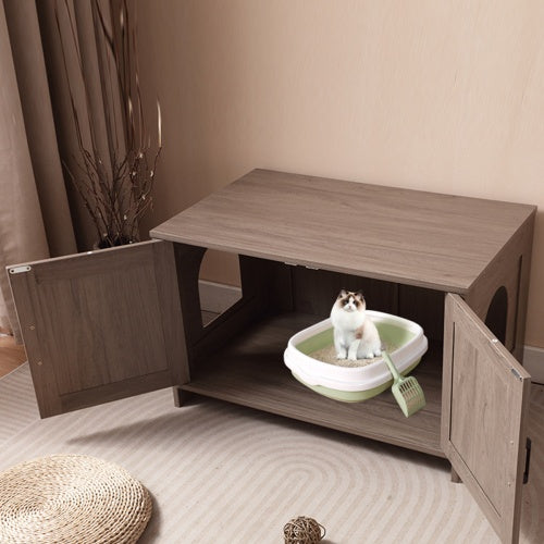 Hidden Litter Box Furniture With Barn Door, Wooden Cat Washroom Furniture, Cat House, End Table, Fit Most Of Litter Box