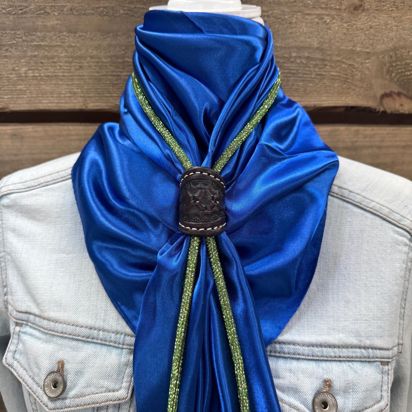 35X35" Solid Electric Blue Wild Rag / Scarf - Leather Slide and Bolo Tie