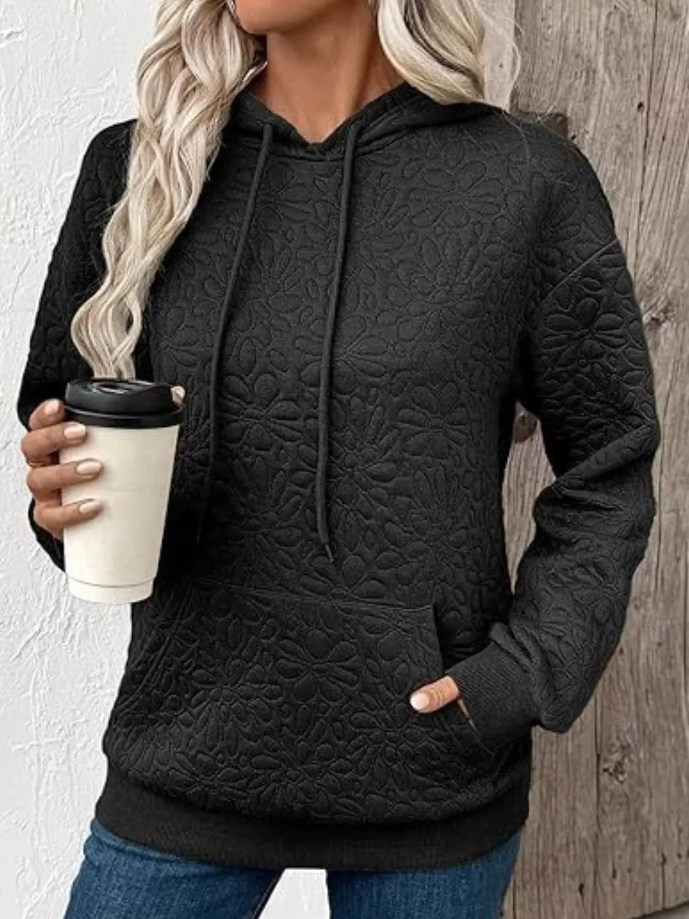 Floral Quilted Hoodie Drawstring With Pocket
