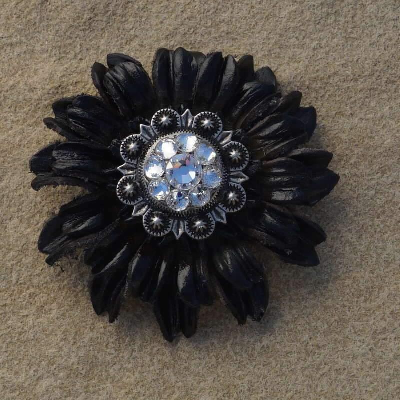 Black Daisy Flower With Antique Silver Clear 1" Concho