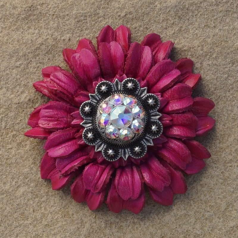 Hot Pink Daisy Flower With Antique Silver AB 1" Concho