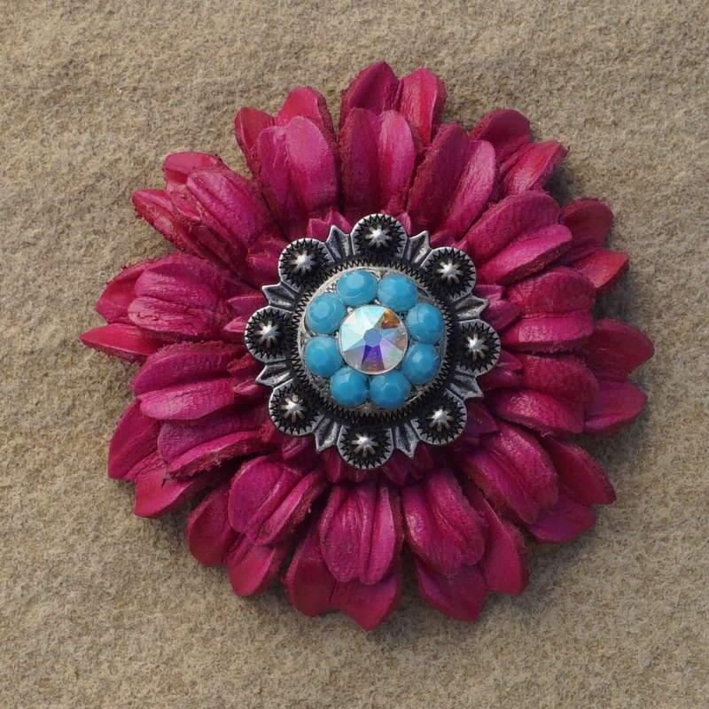 Hot Pink Daisy Flower With Antique Silver Turquoise & AB 1" Concho