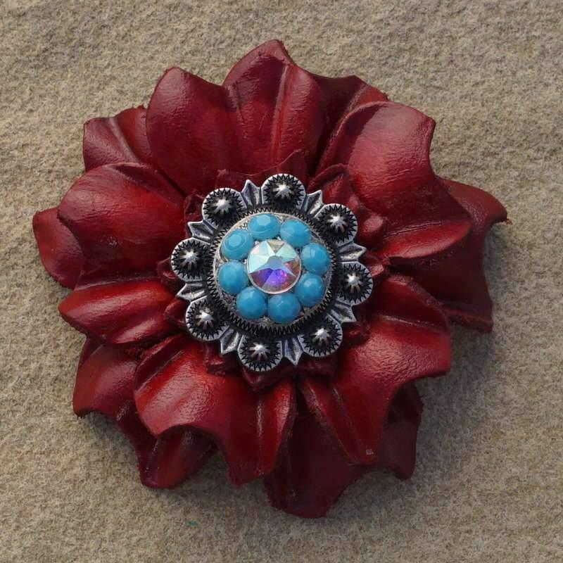 Red Carnation Flower With Antique Silver Turquoise & AB 1" Concho