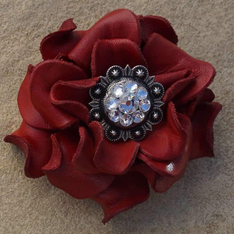 Red Rose Flower With Antique Silver Clear 1" Concho