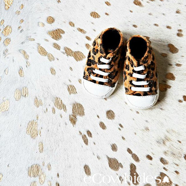 Gold Metallic On White Cowhide Rug