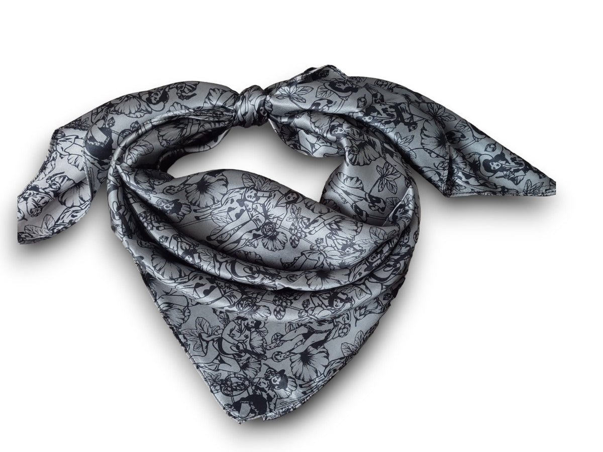 Wild Rag 100% SILK Dark Grey Pin Up Cowgirls and Hollyhock flowers Cowboy Western Neck Scarf Bandanna by Double B Wild Rags
